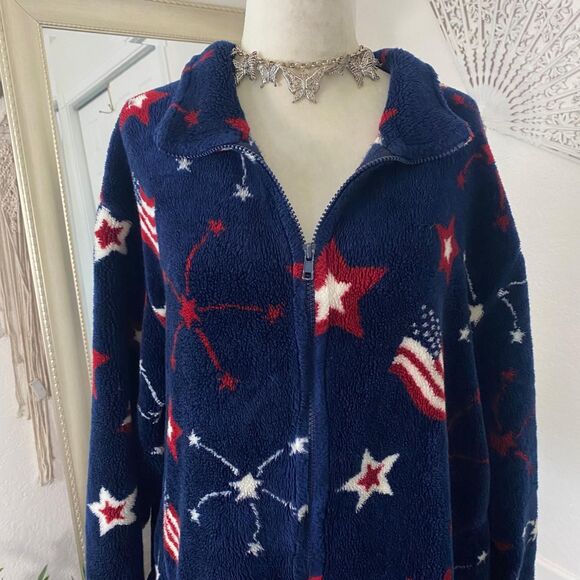 Vintage Classic Americana Dark Blue Red White Flag Fleece Sweater Jacket XXL - Picture 4 of 7
